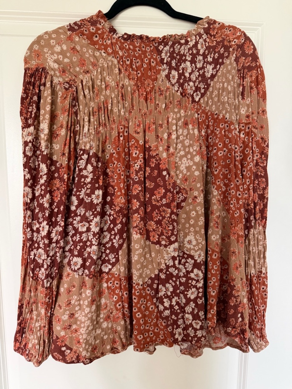 Women's Floral Patchwork Long-Sleeve Blouse - Rust & Tan